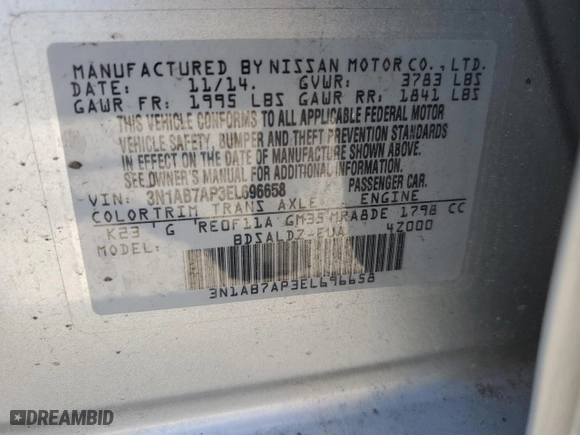 2014 Nissan Sentra SV with VIN 3N1AB7AP3EL696658, listed as a Copart auction lot 48518985 with 44,327 mi miles and Non Repairable. Bid and sale history available at carsss.com. Image 12.
