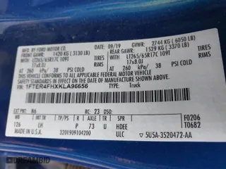 2019 Ford Ranger XL with VIN 1FTER4FHXKLA96656, listed as a IAAI auction lot 41466150 with 73,872 mi miles. Bid and sale history available at carsss.com. Image 9.