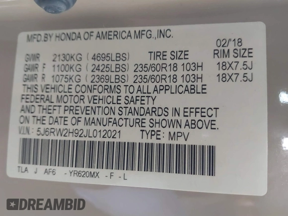 2018 Honda CR-V Touring with VIN 5J6RW2H92JL012021, listed as a IAAI auction lot 41681308 with 110,086 mi miles. Bid and sale history available at carsss.com. Image 9.