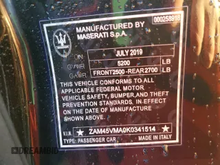 2019 Maserati GranTurismo Sport z VIN ZAM45VMA0K0341514, wystawiony jako Copart lot #72434174 z przebiegiem 16 775 mil mil oraz Szkoda całkowita • Salvage title. Historia ofert i sprzedaży dostępna na DreamBid. Obrazek 12.