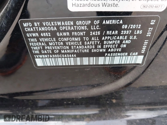 2013 Volkswagen Passat TDI SE with VIN 1VWBN7A30DC043444, listed as a IAAI auction lot 42150639 with 103,628 mi miles. Bid and sale history available at carsss.com. Image 9.