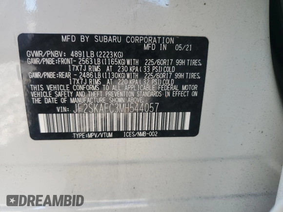 2021 Subaru Forester Premium with VIN JF2SKAFC3MH544057, listed as a Copart auction lot 56749215 with 56,890 mi miles and Salvage title. Bid and sale history available at DreamBid. Image 13.
