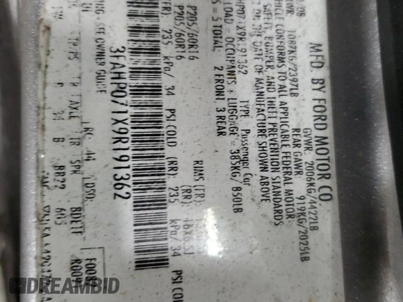2009 Ford Fusion SE with VIN 3FAHP071X9R191362, listed as a Copart auction lot 47949015 with 211,942 mi miles and Salvage Title. Bid and sale history available at carsss.com. Image 12.