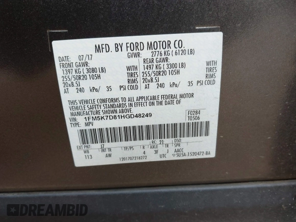 2017 Ford Explorer XLT with VIN 1FM5K7D81HGD48249, listed as a IAAI auction lot 41844312 with 122,507 mi miles and . Bid and sale history available at carsss.com. Image 9.