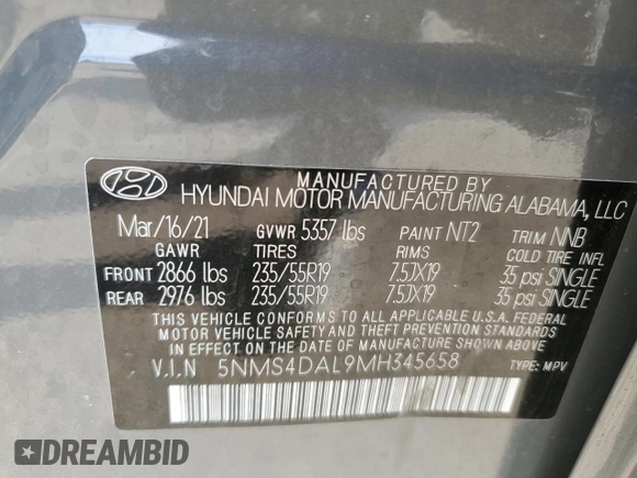 2021 Hyundai Santa Fe Limited with VIN 5NMS4DAL9MH345658, listed as a Copart auction lot 50829445 with 38,743 mi miles and Salvage Title. Bid and sale history available at carsss.com. Image 15.