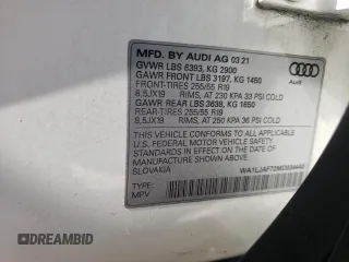 2021 Audi Q7 Premium Plus with VIN WA1LJAF72MD034440, listed as a Copart auction lot 58164365 with Not provided miles and Salvage title. Bid and sale history available at DreamBid. Image 13.