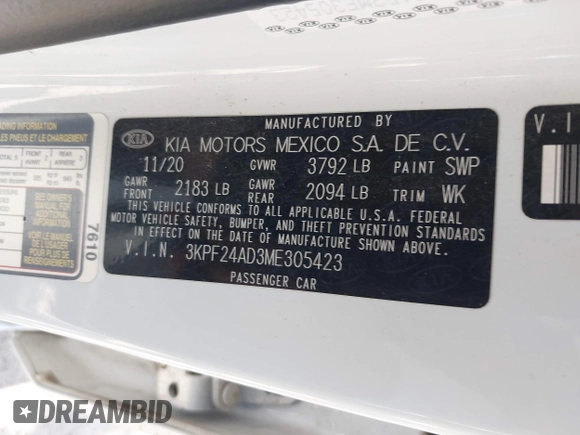 2021 Kia Forte LXS с VIN 3KPF24AD3ME305423, выставлен на аукционе IAAI как лот 42304440 с пробегом 67 533 миль миль и . История ставок и продаж доступна на DreamBid. Изображение 9.