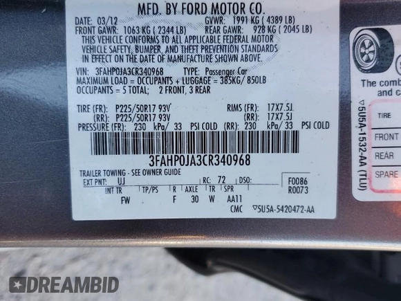 2012 Ford Fusion SEL with VIN 3FAHP0JA3CR340968, listed as a Copart auction lot 48044005 with 144,872 mi miles and Salvage Title. Bid and sale history available at carsss.com. Image 15.