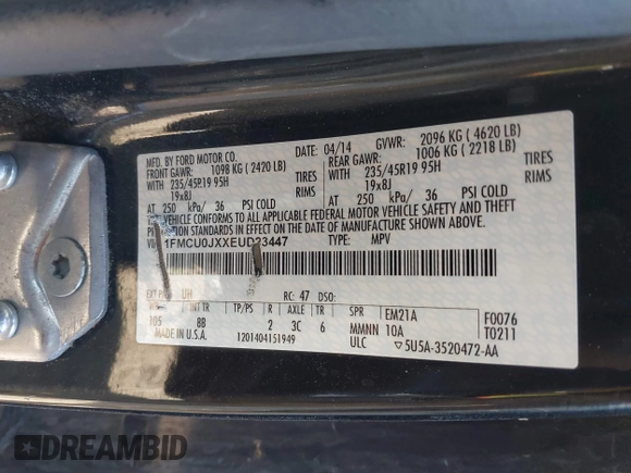 2014 Ford Escape Titanium with VIN 1FMCU0JXXEUD23447, listed as a IAAI auction lot 41877253 with 1 mi miles. Bid and sale history available at carsss.com. Image 9.