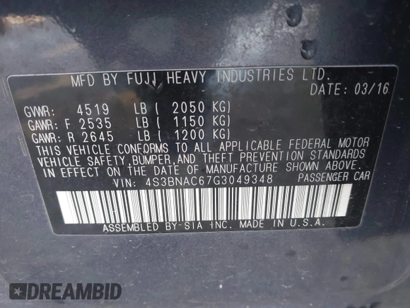 2016 Subaru Legacy Premium with VIN 4S3BNAC67G3049348, listed as a IAAI auction lot 41870739 with 115,057 mi miles and . Bid and sale history available at DreamBid. Image 9.
