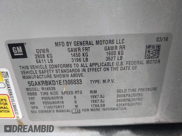 2014 Buick Enclave Leather with VIN 5GAKRBKD1EJ306833, listed as a IAAI auction lot 42154259 with 217,656 mi miles and . Bid and sale history available at DreamBid. Image 9.