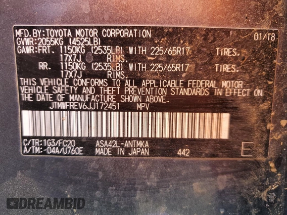 2018 Toyota RAV4 XLE with VIN JTMWFREV6JJ172451, listed as a Copart auction lot 58095775 with Not provided miles and Salvage title. Bid and sale history available at DreamBid. Image 14.