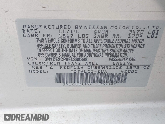 2015 Nissan Note SV with VIN 3N1CE2CP8FL398348, listed as a IAAI auction lot 42459572 with 148,067 mi miles and . Bid and sale history available at DreamBid. Image 9.