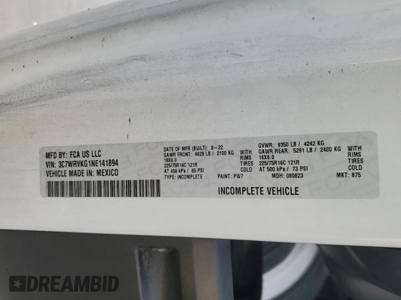 2022 Ram ProMaster z VIN 3C7WRVKG1NE141894, wystawiony jako Copart lot #42490895 z przebiegiem 55 907 mil mil oraz Szkody całkowita. Historia ofert i sprzedaży dostępna na DreamBid. Obrazek 12.