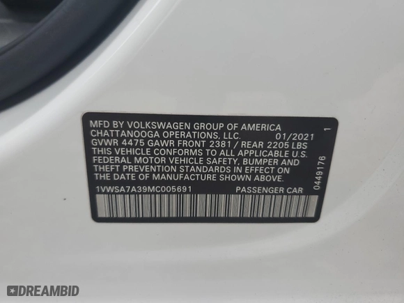 2021 Volkswagen Passat 2.0T SE with VIN 1VWSA7A39MC005691, listed as a Copart auction lot 44402665 with 78,347 mi miles and Salvage Title. Bid and sale history available at carsss.com. Image 12.