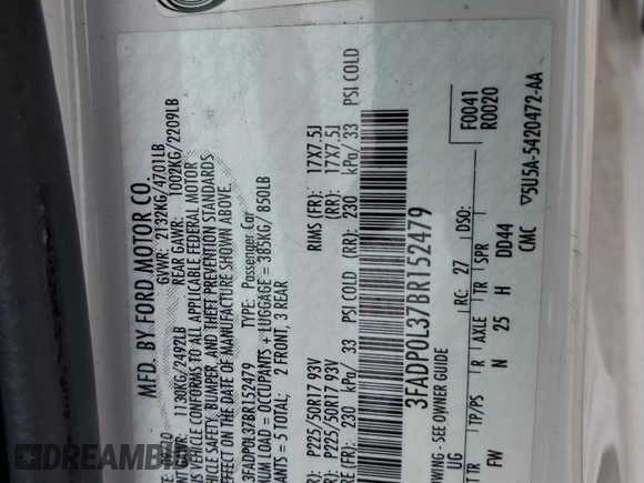 2011 Ford Fusion Hybrid with VIN 3FADP0L37BR152479, listed as a Copart auction lot 59857155 with 126,594 mi miles and Clean title. Bid and sale history available at DreamBid. Image 12.