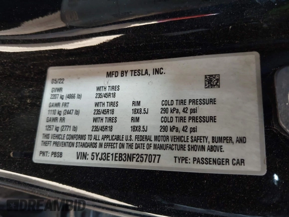 2022 Tesla Model 3 Long Range with VIN 5YJ3E1EB3NF257077, listed as a IAAI auction lot 42086629 with Not Provided miles and . Bid and sale history available at DreamBid. Image 9.