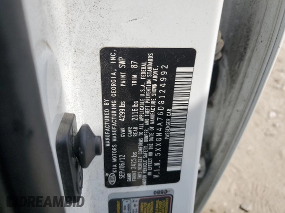 2013 Kia Optima EX with VIN 5XXGN4A76DG124992, listed as a Copart auction lot 61139455 with 97,421 mi miles and Clean title. Bid and sale history available at DreamBid. Image 12.