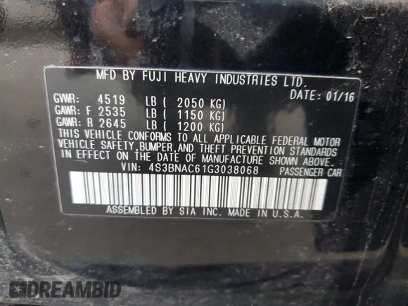 2016 Subaru Legacy 2.5i Premium with VIN 4S3BNAC61G3038068, listed as a Copart auction lot 71139833 with 52,140 mi miles. Bid and sale history available at carsss.com. Image 13.