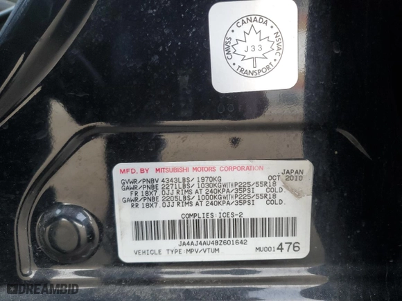 2011 Mitsubishi RVR GT with VIN JA4AJ4AU4BZ601642, listed as a Copart auction lot 85250164 with NaN miles and Salvage Title. Bid and sale history available at carsss.com. Image 13.