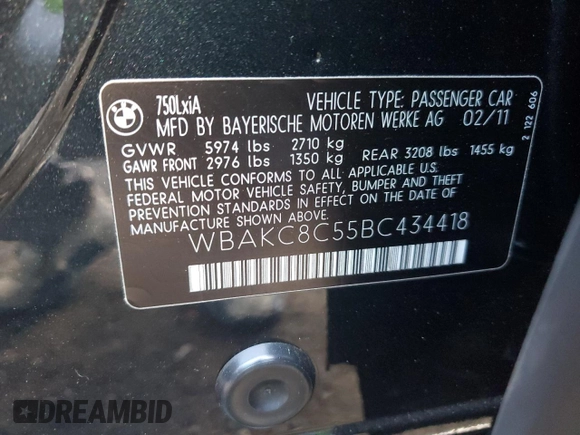 2011 BMW 7 Series 750Li xDrive with VIN WBAKC8C55BC434418, listed as a Copart auction lot 77957584 with 87,595 mi miles and Salvage title. Bid and sale history available at DreamBid. Image 12.