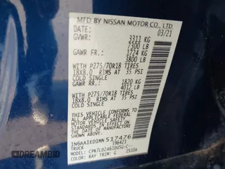 2021 Nissan Titan Pro-4X z VIN 1N6AA1ED1MN517476, wystawiony jako IAAI lot #41422217 z przebiegiem 62 650 mil mil oraz . Historia ofert i sprzedaży dostępna na DreamBid. Obrazek 9.