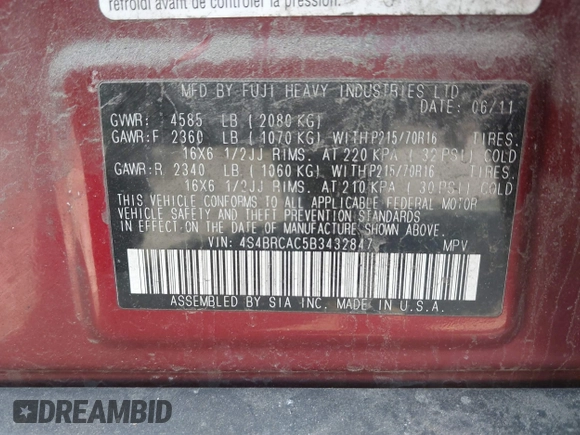 2011 Subaru Outback 2.5i z VIN 4S4BRCAC5B3432847, wystawiony jako IAAI lot #42093070 z przebiegiem Nie podano mil oraz . Historia ofert i sprzedaży dostępna na DreamBid. Obrazek 9.