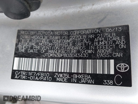2013 Toyota Prius with VIN JTDKN3DP8D3043430, listed as a IAAI auction lot 42484200 with 247,835 mi miles and . Bid and sale history available at DreamBid. Image 9.