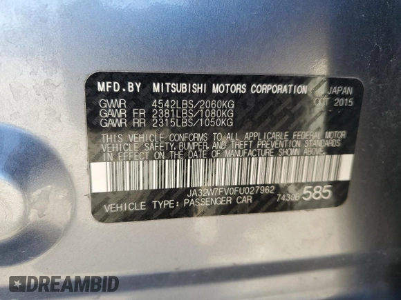 2015 Mitsubishi Lancer Evolution Final Edition z VIN JA32W7FV0FU027962, wystawiony jako Copart lot #85763774 z przebiegiem 56 671 mil mil oraz Szkoda całkowita • Salvage title. Historia ofert i sprzedaży dostępna na DreamBid. Obrazek 14.
