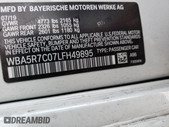 2020 BMW 3 Series 330i xDrive with VIN WBA5R7C07LFH49895, listed as a Copart auction lot 45205522 with Not Provided miles and . Bid and sale history available at DreamBid. Image 10.