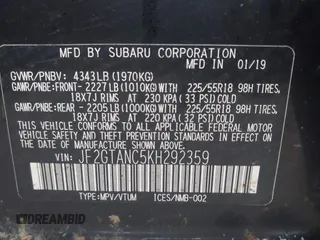 2019 Subaru Crosstrek Limited with VIN JF2GTANC5KH292359, listed as a IAAI auction lot 41731428 with 82,191 mi miles. Bid and sale history available at carsss.com. Image 9.