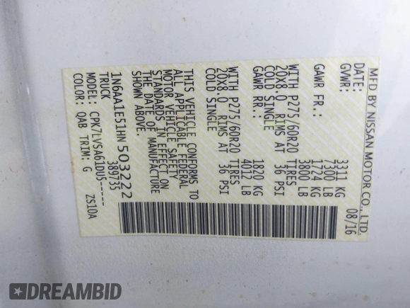 2017 Nissan Titan SL z VIN 1N6AA1E51HN503222, wystawiony jako IAAI lot #41908062 z przebiegiem 121 334 mil mil oraz . Historia ofert i sprzedaży dostępna na DreamBid. Obrazek 9.