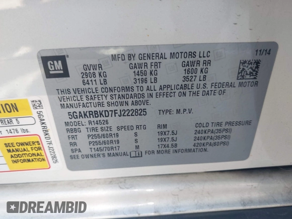 2015 Buick Enclave Leather with VIN 5GAKRBKD7FJ222825, listed as a IAAI auction lot 41987918 with 176,616 mi miles and . Bid and sale history available at DreamBid. Image 9.