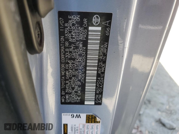 2008 Scion tC Spec with VIN JTKDE167780263474, listed as a Copart auction lot 53473295 with 153,512 mi miles and Salvage Title. Bid and sale history available at DreamBid. Image 12.