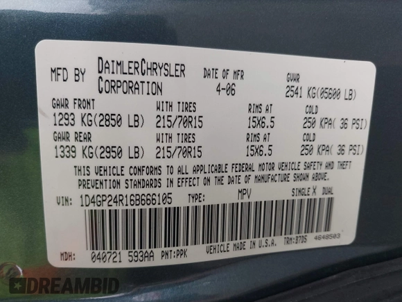 2006 Dodge Grand Caravan SE with VIN 1D4GP24R16B666105, listed as a IAAI auction lot 41977882 with 246,794 mi miles and . Bid and sale history available at DreamBid. Image 9.