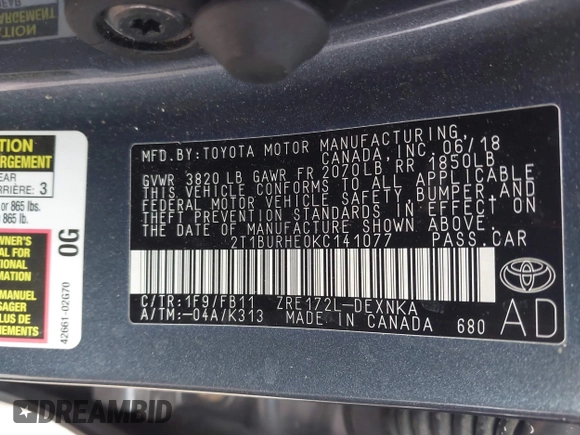 2019 Toyota Corolla L with VIN 2T1BURHE0KC141077, listed as a IAAI auction lot 41618066 with 79,066 mi miles and . Bid and sale history available at carsss.com. Image 9.