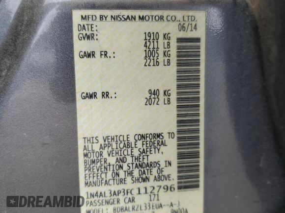 2015 Nissan Altima SV z VIN 1N4AL3AP3FC112796, wystawiony jako Copart lot #54201175 z przebiegiem 154 801 mil mil oraz Szkoda całkowita • Salvage title. Historia ofert i sprzedaży dostępna na DreamBid. Obrazek 12.