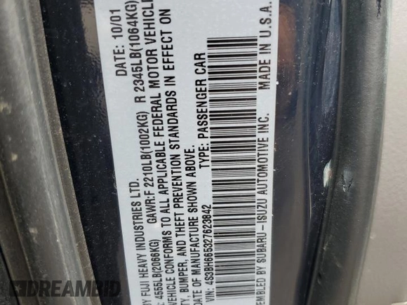 2002 Subaru Legacy Outback with VIN 4S3BH665327623842, listed as a Copart auction lot 60168375 with 113,761 mi miles and Salvage title. Bid and sale history available at DreamBid. Image 12.