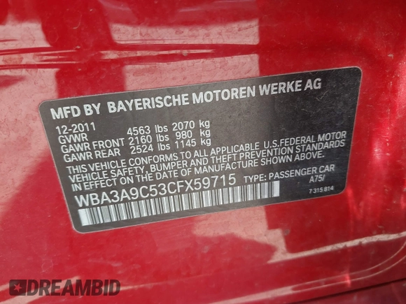 2012 BMW 3 Series 335i с VIN WBA3A9C53CFX59715, выставлен на аукционе IAAI как лот 42316918 с пробегом 139 483 миль миль и . История ставок и продаж доступна на DreamBid. Изображение 9.