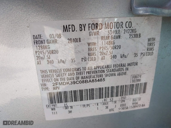2008 Ford Edge Limited with VIN 2FMDK39C08BA85485, listed as a IAAI auction lot 41473418 with 174,282 mi miles. Bid and sale history available at carsss.com. Image 9.