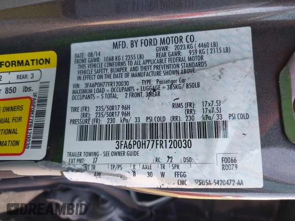 2015 Ford Fusion SE with VIN 3FA6P0H77FR120030, listed as a IAAI auction lot 42141018 with 115,995 mi miles and . Bid and sale history available at DreamBid. Image 9.
