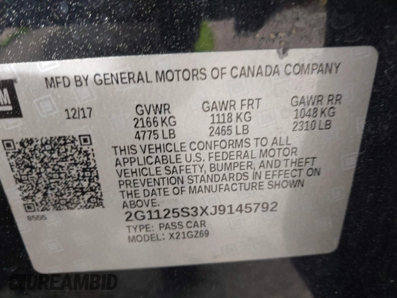 2018 Chevrolet Impala Premier with VIN 2G1125S3XJ9145792, listed as a IAAI auction lot 42052906 with 126,800 mi miles and . Bid and sale history available at DreamBid. Image 9.