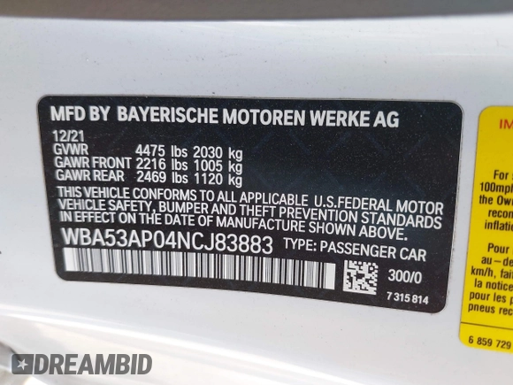 2022 BMW 4 Series 430i with VIN WBA53AP04NCJ83883, listed as a IAAI auction lot 40407741 with Not Provided miles and . Bid and sale history available at carsss.com. Image 9.