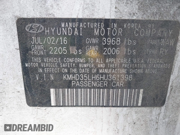 2017 Hyundai Elantra z VIN KMHD35LH6HU361398, wystawiony jako IAAI lot #41949217 z przebiegiem 160 262 mil mil oraz . Historia ofert i sprzedaży dostępna na DreamBid. Obrazek 9.