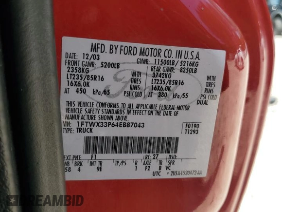 2004 Ford F-350 XL с VIN 1FTWX33P64EB87043, выставлен на аукционе Copart как лот 58898305 с пробегом 161 362 миль миль и Чистый • Clean title. История ставок и продаж доступна на DreamBid. Изображение 12.