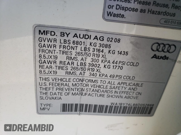 2008 Audi Q7 Premium with VIN WA1BY74L88D052666, listed as a Copart auction lot 73338014 with Not provided miles and Salvage title. Bid and sale history available at DreamBid. Image 13.