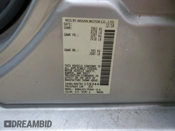 2019 Nissan Altima SV with VIN 1N4BL4DV7KC159344, listed as a Copart auction lot 57728725 with 53,747 mi miles and Salvage title. Bid and sale history available at DreamBid. Image 13.