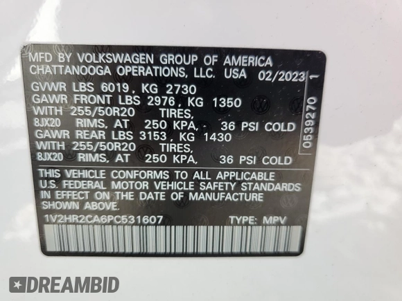 2023 Volkswagen Atlas SE with VIN 1V2HR2CA6PC531607, listed as a Copart auction lot 54721435 with 21,132 mi miles and Salvage title. Bid and sale history available at DreamBid. Image 13.