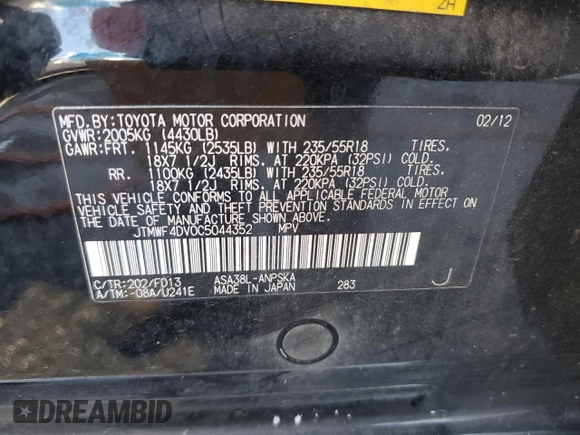 2012 Toyota RAV4 Sport with VIN JTMWF4DV0C5044352, listed as a Copart auction lot 61183065 with 140,289 mi miles and Salvage title. Bid and sale history available at DreamBid. Image 13.