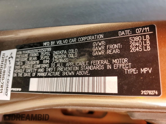 2012 Volvo XC60 3.0L with VIN YV4902DZ0C2250789, listed as a Copart auction lot 58187795 with Not provided miles and Salvage title. Bid and sale history available at DreamBid. Image 12.
